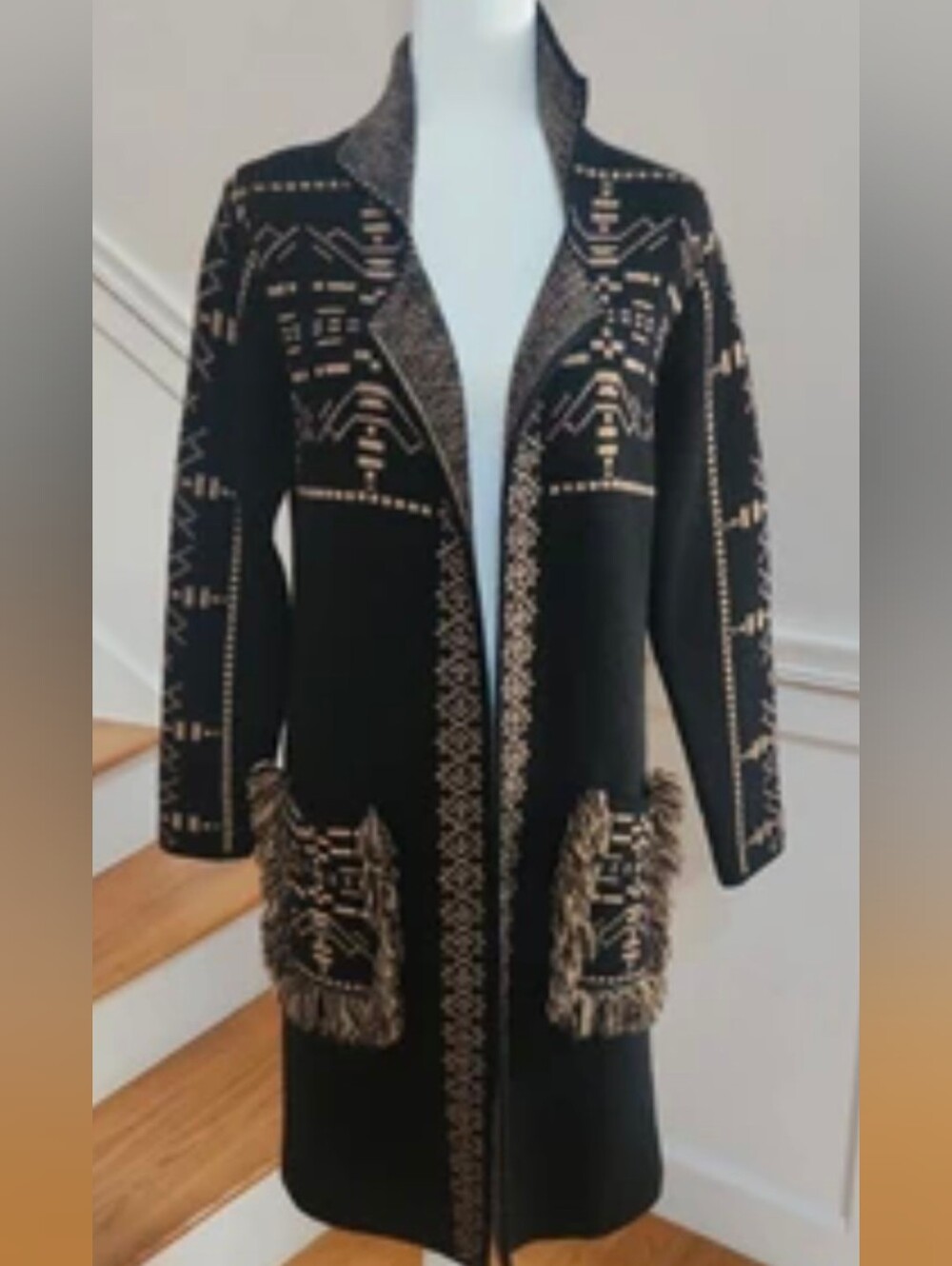 Black Embroidered Fringe Long Coat